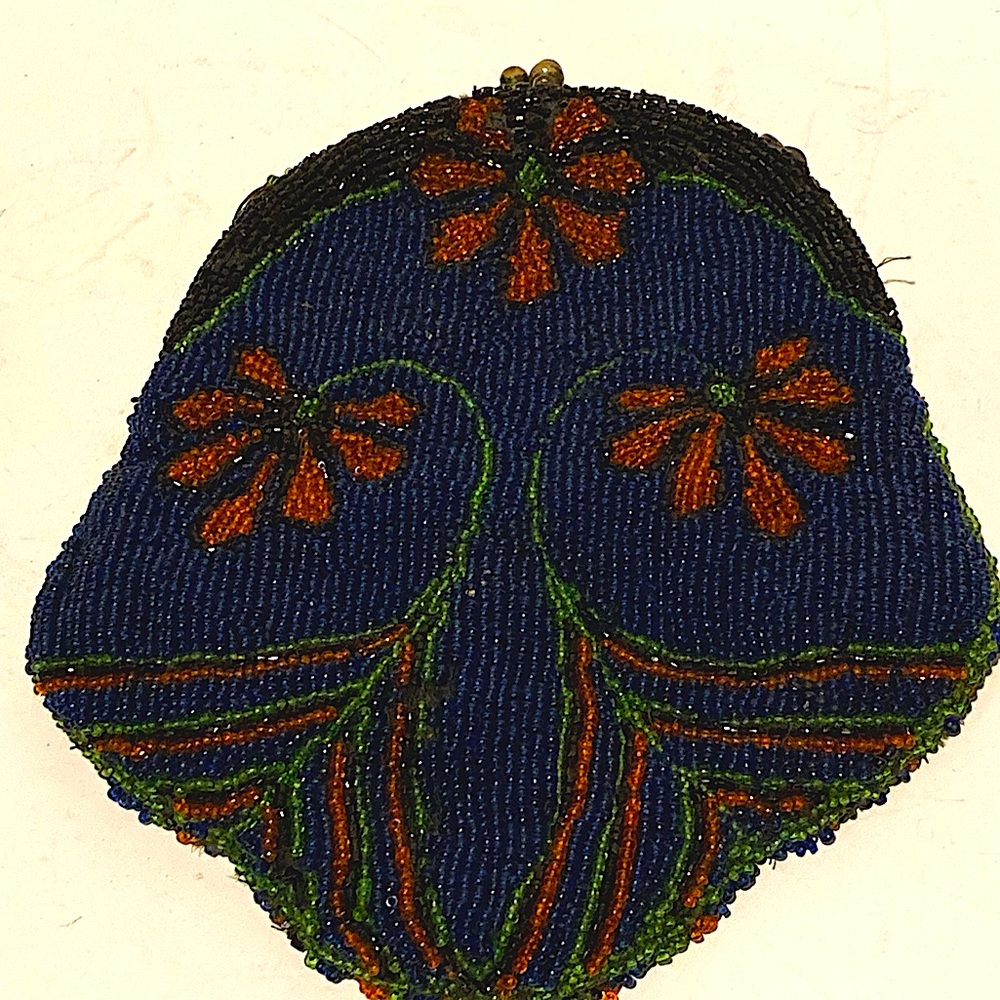vintage 1920s Art Nouveau microbeaded glass bead purse blue red flower - AS IS - Picture 2 of 13